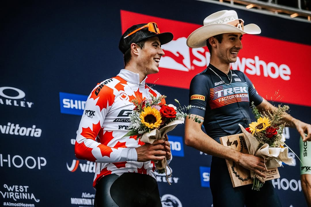 Carter Woods on the podium at Snowshoe World Cup in Canadian champion jersey